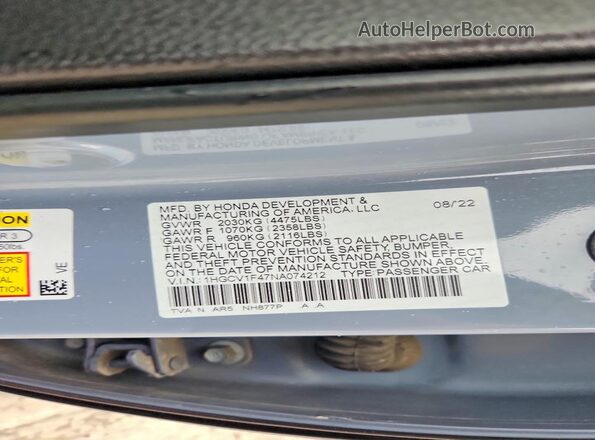 1HGCV1F47NA074212 2022 HONDA ACCORD Blue Widok naklejki z numerem VIN