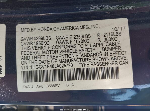 1HGCV1F48JA025790 2018 HONDA ACCORD Dark Blue Вид подкапотного пространства