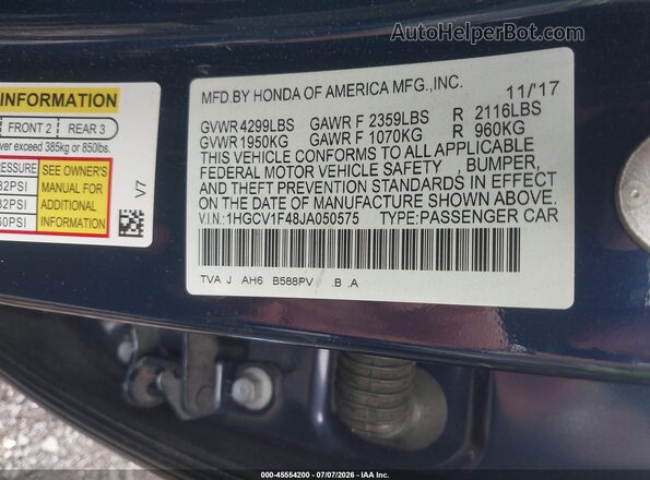 1HGCV1F48JA050575 2018 HONDA ACCORD Blue Engine compartment view