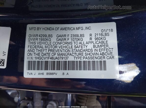1HGCV1F48JA079137 2018 HONDA ACCORD Dark Blue Vista del compartimento del motor
