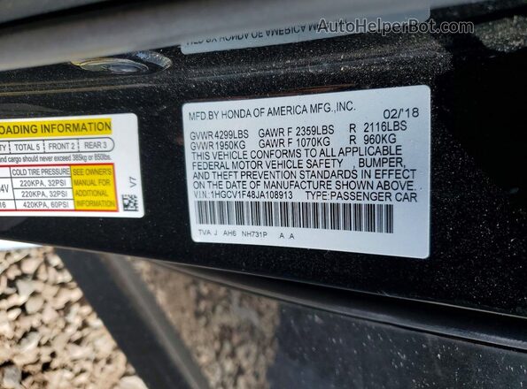 1HGCV1F48JA108913 2018 HONDA ACCORD Black VIN կոդի պիտակի տեսք