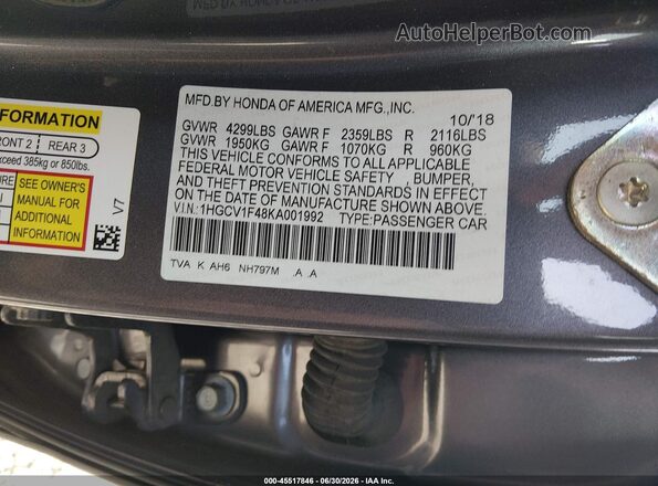 1HGCV1F48KA001992 2019 HONDA ACCORD Gray Vista del compartimento del motor
