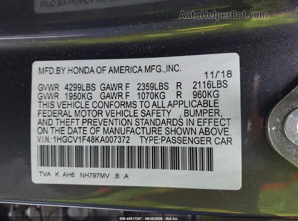 1HGCV1F48KA007372 2019 HONDA ACCORD Gray Widok komory silnika