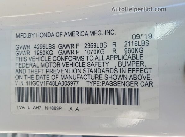 1HGCV1F48LA005977 2020 HONDA ACCORD White ძრავის განყოფილების ხედი