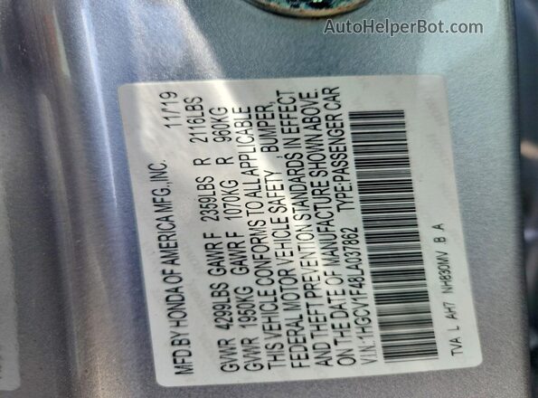 1HGCV1F48LA037862 2020 HONDA ACCORD Silver Vista de la etiqueta del VIN