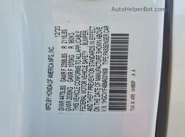 1HGCV1F48MA031609 2021 HONDA ACCORD White Vista del compartimento del motor
