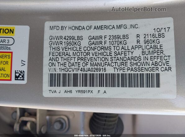 1HGCV1F49JA026916 2018 HONDA ACCORD Beige Widok komory silnika