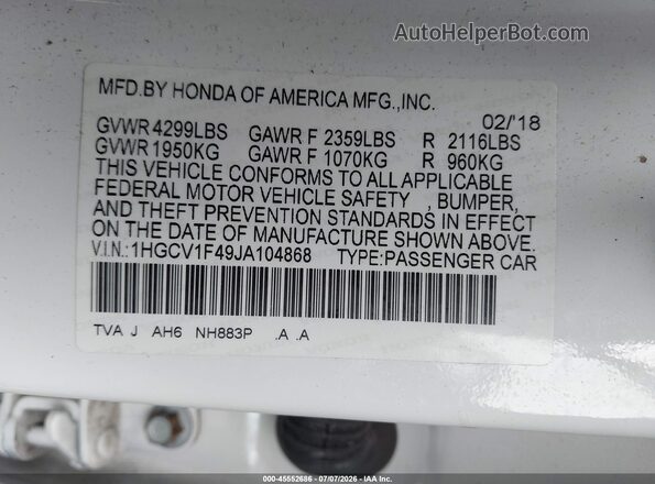 1HGCV1F49JA104868 2018 HONDA ACCORD White ძრავის განყოფილების ხედი