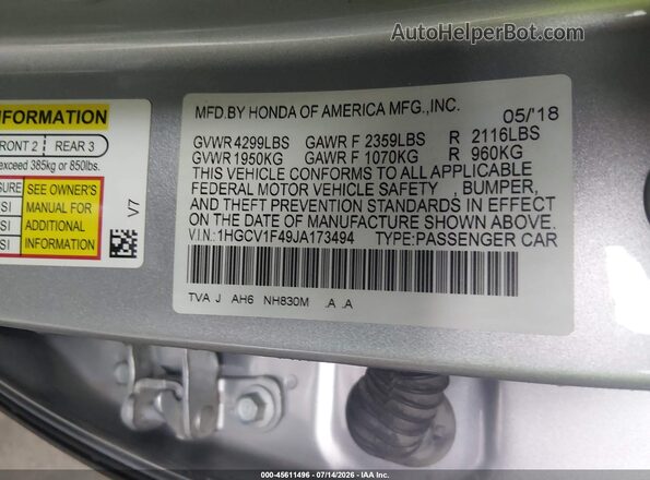 1HGCV1F49JA173494 2018 HONDA ACCORD Gray Widok komory silnika
