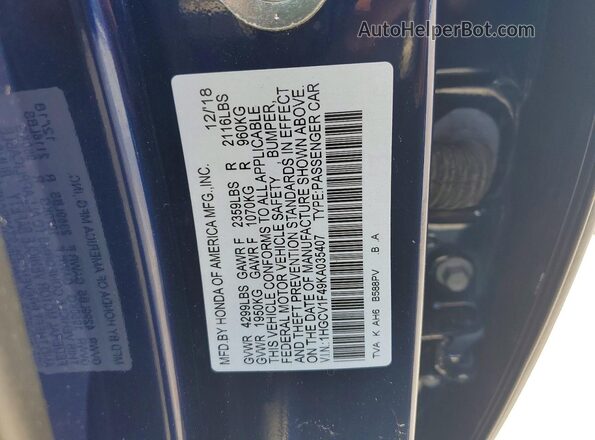 1HGCV1F49KA035407 2019 HONDA ACCORD Blue Vista del compartimento del motor
