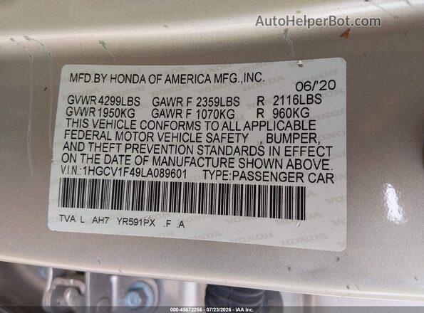 1HGCV1F49LA089601 2020 HONDA ACCORD Cream Widok komory silnika