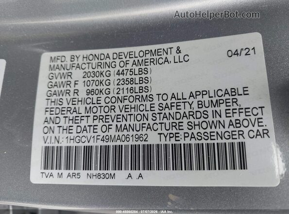 1HGCV1F49MA061962 2021 HONDA ACCORD Silver ძრავის განყოფილების ხედი