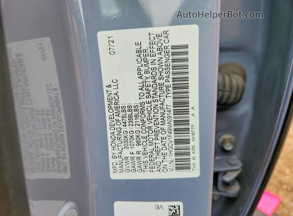 1HGCV1F49MA091477 2021 HONDA ACCORD Gray Շարժիչի բաժամունքի տեսք