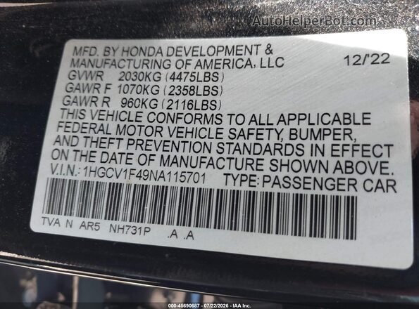 1HGCV1F49NA115701 2022 HONDA ACCORD Черный Вид подкапотного пространства