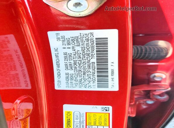 1HGCV1F4XJA223108 2018 HONDA ACCORD Красный Вид подкапотного пространства