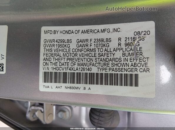 1HGCV1F4XLA126140 2020 HONDA ACCORD Silver Engine compartment view