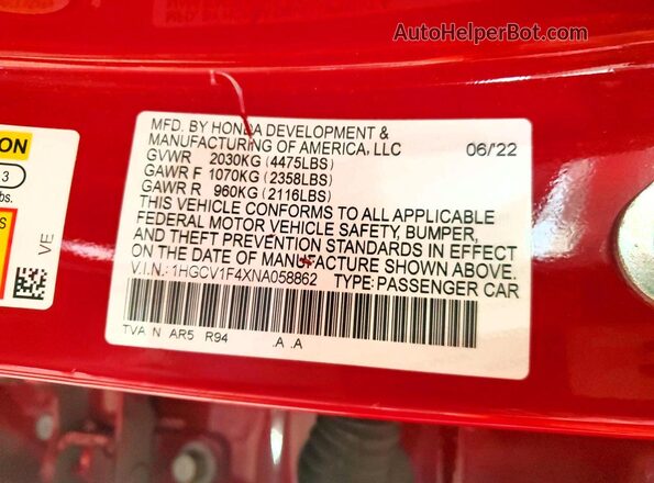 1HGCV1F4XNA058862 2022 HONDA ACCORD Red Вид наклейки з VIN-кодом