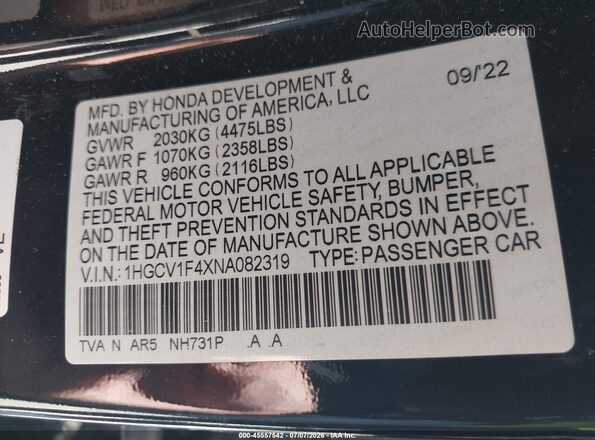 1HGCV1F4XNA082319 2022 HONDA ACCORD Black ძრავის განყოფილების ხედი