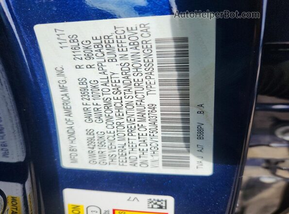 1HGCV1F50JA037649 2018 HONDA ACCORD Blue Вид підкапотного простору
