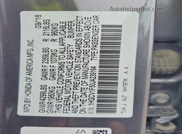 1HGCV1F50JA239164 2018 HONDA ACCORD Gray Вид підкапотного простору