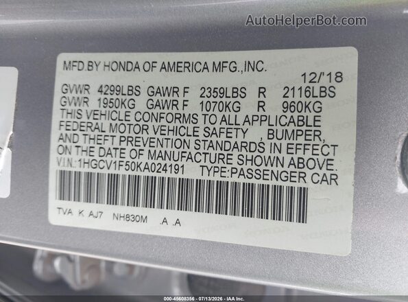 1HGCV1F50KA024191 2019 HONDA ACCORD Silver Widok komory silnika