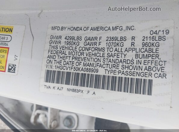 1HGCV1F50KA088909 2019 HONDA ACCORD White Vista del compartimento del motor