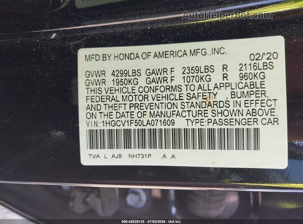1HGCV1F50LA071609 2020 HONDA ACCORD Black Widok komory silnika