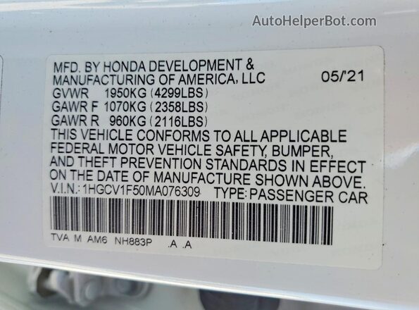 1HGCV1F50MA076309 2021 HONDA ACCORD White Vista de la etiqueta del VIN