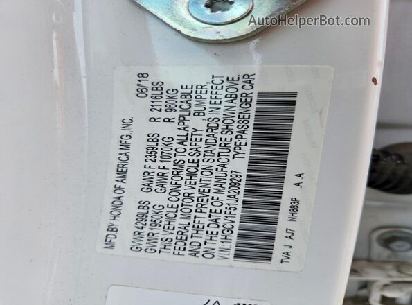 1HGCV1F51JA209297 2018 HONDA ACCORD Белый Вид подкапотного пространства