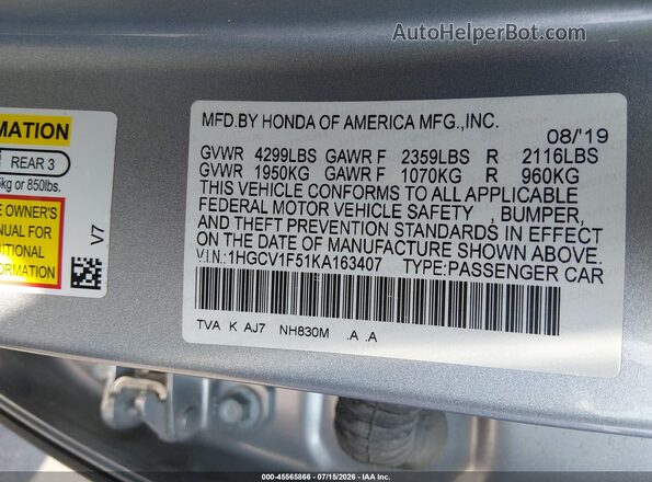 1HGCV1F51KA163407 2019 HONDA ACCORD Silver Vista del compartimento del motor
