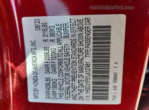 1HGCV1F51LA127461 2020 HONDA ACCORD Red Engine compartment view