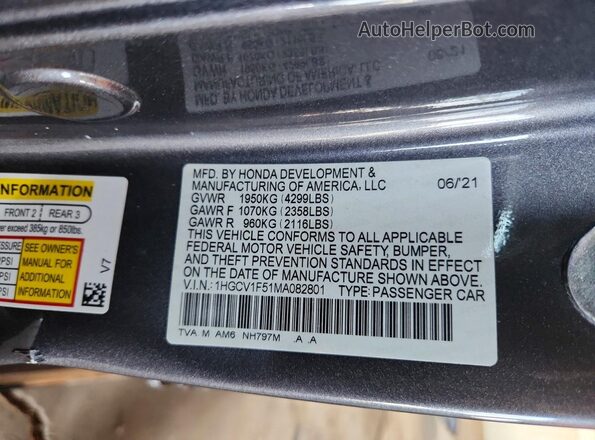 1HGCV1F51MA082801 2021 HONDA ACCORD Gray VIN կոդի պիտակի տեսք