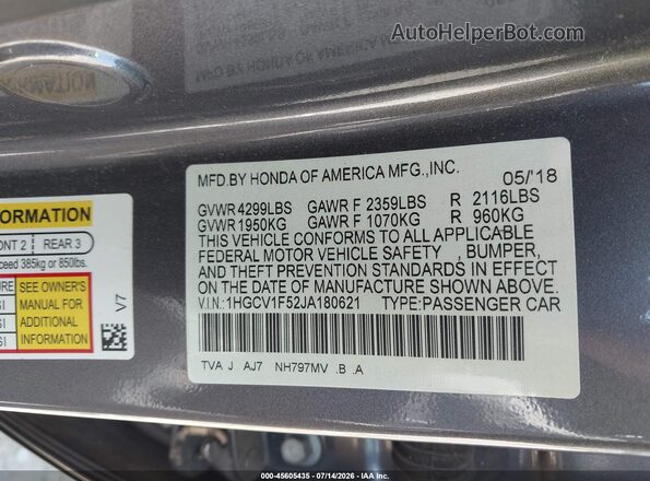 1HGCV1F52JA180621 2018 HONDA ACCORD Серый Вид подкапотного пространства