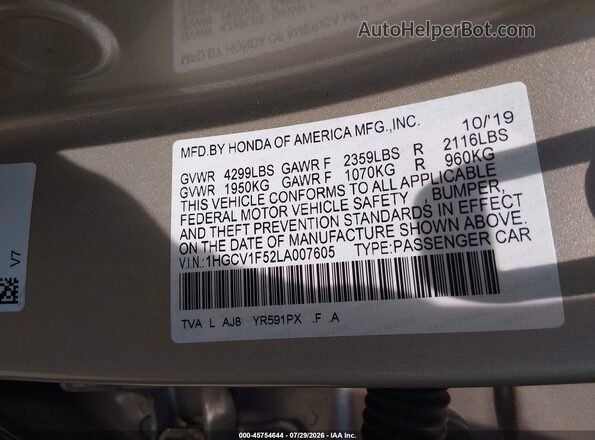 1HGCV1F52LA007605 2020 HONDA ACCORD Gold Engine compartment view