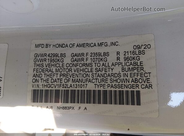 1HGCV1F52LA131017 2020 HONDA ACCORD White Widok komory silnika