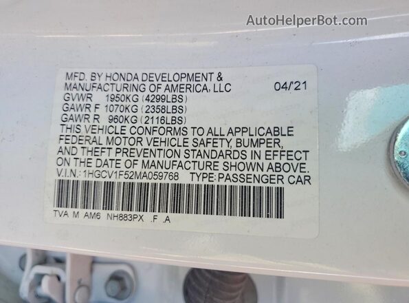 1HGCV1F52MA059768 2021 HONDA ACCORD White Շարժիչի բաժամունքի տեսք