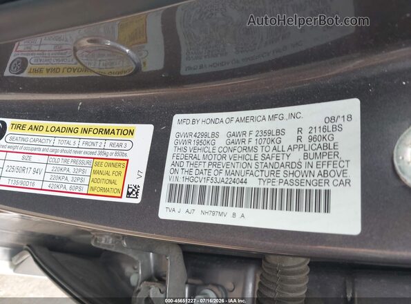 1HGCV1F53JA224044 2018 HONDA ACCORD Серый Вид подкапотного пространства