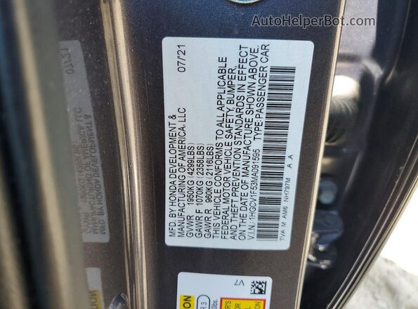 1HGCV1F53MA091595 2021 HONDA ACCORD Gray Շարժիչի բաժամունքի տեսք