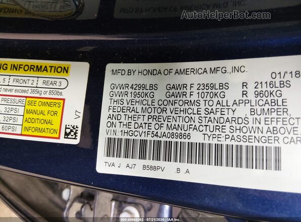 1HGCV1F54JA089866 2018 HONDA ACCORD Синий Вид подкапотного пространства