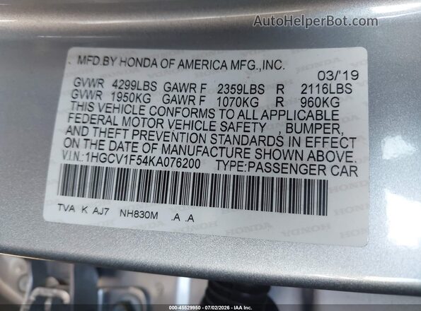 1HGCV1F54KA076200 2019 HONDA ACCORD Silver Շարժիչի բաժամունքի տեսք