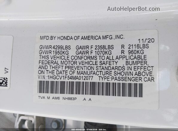 1HGCV1F54MA012077 2021 HONDA ACCORD White Engine compartment view
