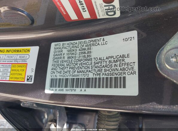 1HGCV1F54MA117072 2021 HONDA ACCORD Gray Engine compartment view