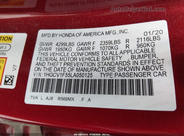 1HGCV1F55LA050125 2020 HONDA ACCORD Red Widok komory silnika