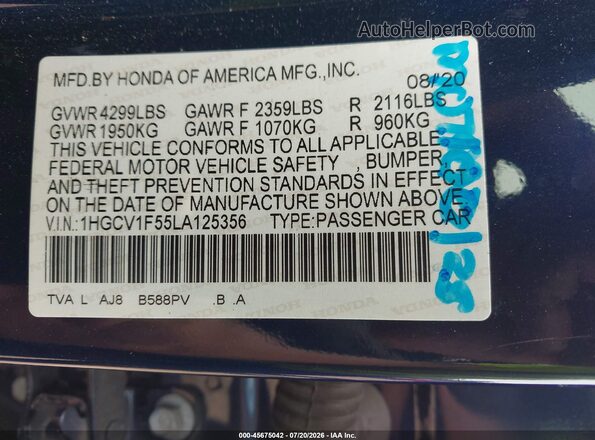 1HGCV1F55LA125356 2020 HONDA ACCORD Blue Widok komory silnika