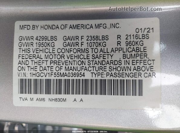 1HGCV1F55MA036954 2021 HONDA ACCORD Silver Engine compartment view