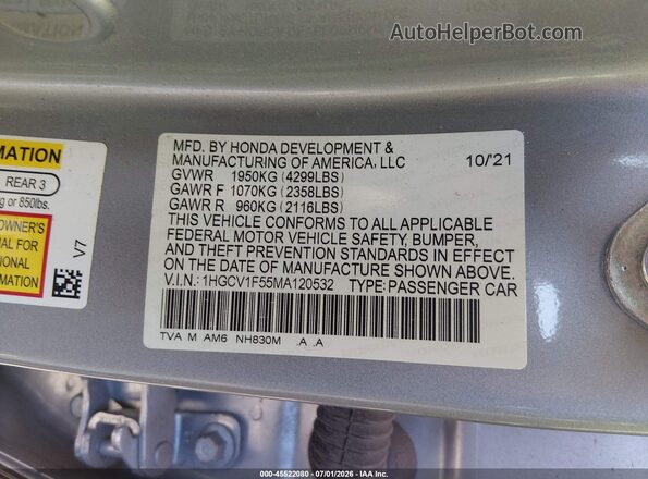 1HGCV1F55MA120532 2021 HONDA ACCORD Gray Շարժիչի բաժամունքի տեսք
