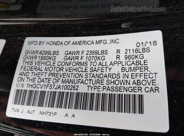 1HGCV1F57JA100262 2018 HONDA ACCORD Black Widok komory silnika