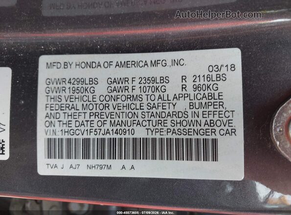 1HGCV1F57JA140910 2018 HONDA ACCORD Gray Vista del compartimento del motor