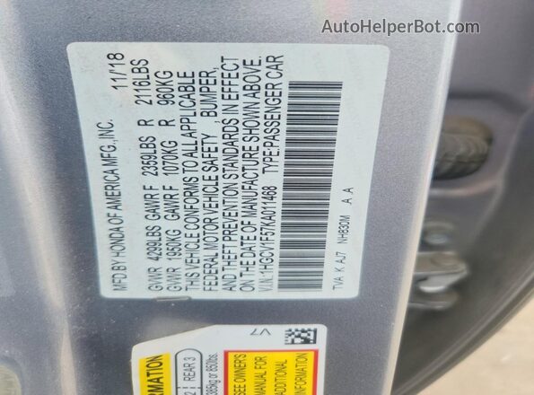 1HGCV1F57KA011468 2019 HONDA ACCORD Silver Vista del compartimento del motor