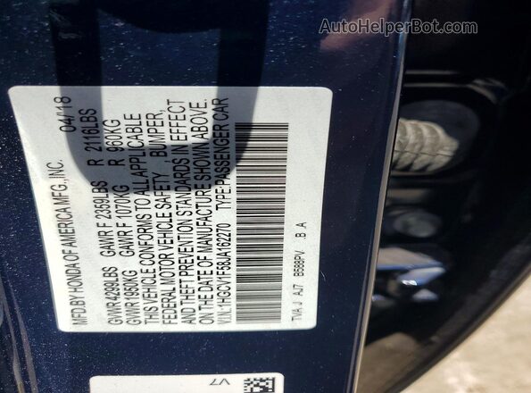 1HGCV1F58JA162270 2018 HONDA ACCORD Blue Vista del compartimento del motor